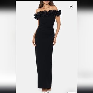 Ruffle Off the Shoulder Crepe Gown Xscape Evenings Size 4 Black Color NEW